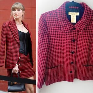 90s Vintage Tweed Jacket Wool Plaid Houndstooth Red 16P Clueless Preppy Academia